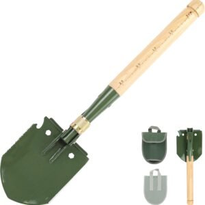 Folding Survival Shovel - Wooden Handle, Heavy Duty Carbon Steel Military Entrenching Tool for Camping, Off Road, Beach & All-Terrain Digging (Classic w/Pick)