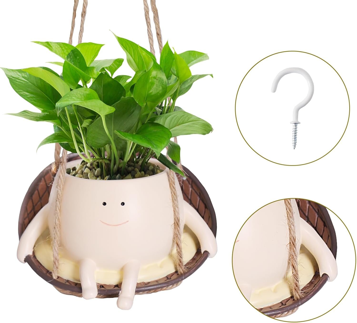 Hanging Swing Chair Planter Pot Smile Face Plant Pot for Indoor Outdoor Plants Cute Head Flower Pots for Succulent String of Pearls Unique Gift on Mother's Day, Birthday, Christmas - Image 2