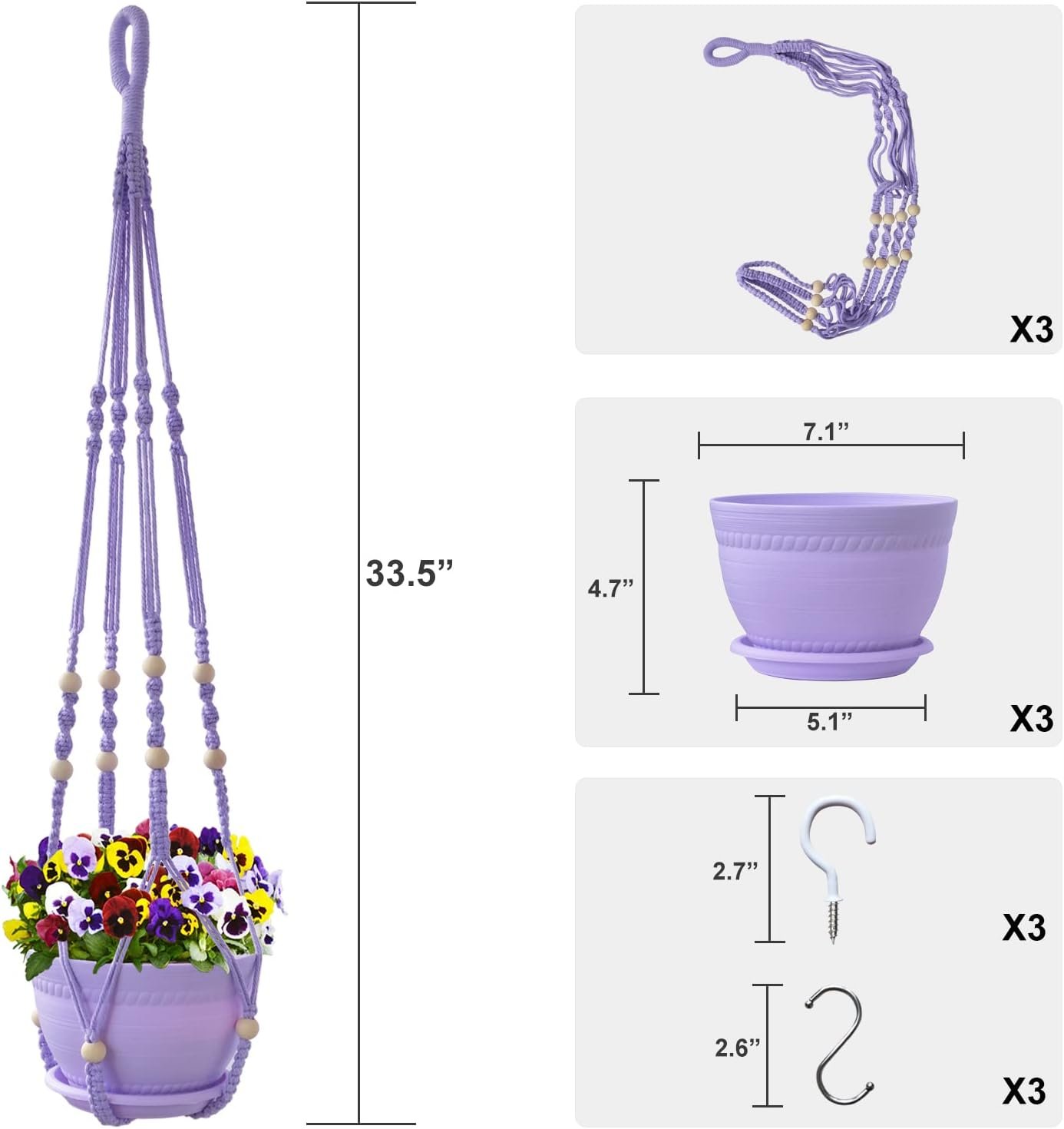 Macrame Plant Hanger with Pot, 3 Set Hanging Planters for Indoor Plants, Handmade Cotton Rope Boho Home Decor, Idea Gift for Anyone, Includes Plant Holders, Pots, Plates and Hooks (Purple) - Image 2