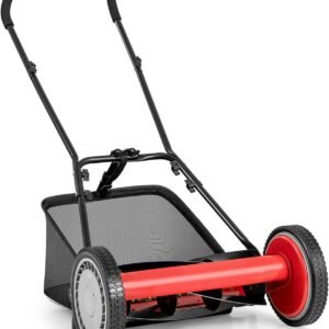 Lawn Mower, 16 Inch Push Reel Lawn Mower with 5 Steel Blades, Adjustable Cutting Heights, Grass Catcher Bag, Walk-Behind Manual Lawnmower for Garden Park Yard, No Motor (Red, 16 Inch)