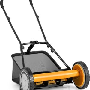 Lawn Mower, 16 Inch Push Reel Lawn Mower with 5 Steel Blades, Adjustable Cutting Heights, Grass Catcher Bag, Walk-Behind Manual Lawnmower for Garden Park Yard, No Motor (Orange, 16 Inch)