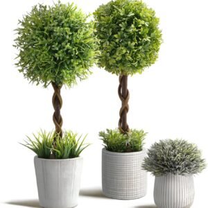 3 Pack Small Fake Plants 14.57 Inch, Small Artificial Boxwood Topiary Potted in Cement Planter, Artificial Plants Indoor/Outdoor for Home Bathroom Bedroom Kitchen Office Room Decor