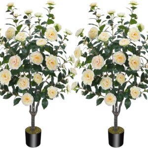 3.6FT Artificial Camellia Fake Tree, Artificial Plants & Flowers with 32 Yellow Pink Flowers for Door Front Decoration Porch Patio Living Room Office Indoor Outdoor Decor (2PCS Contains Dried Moss)