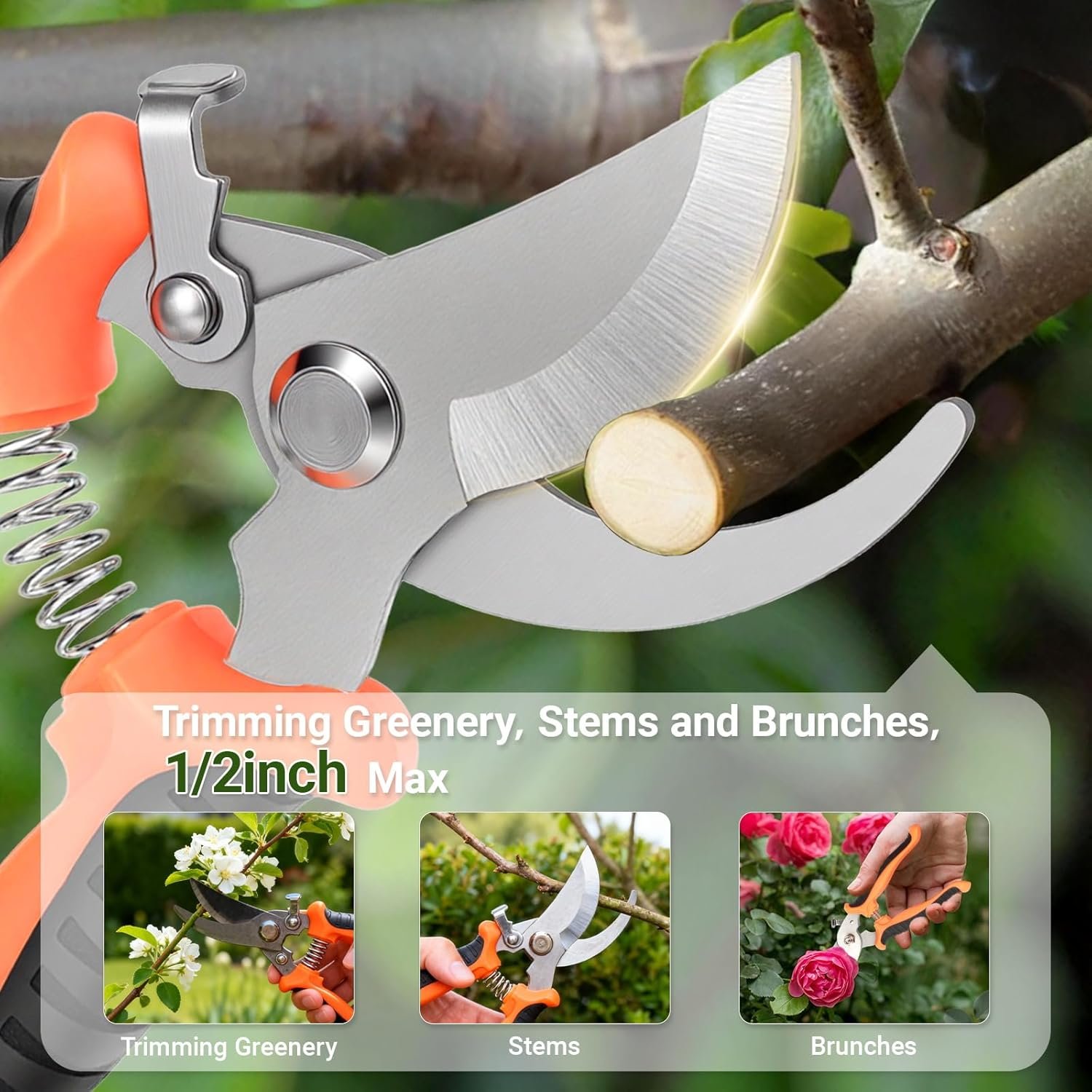 Pruning Shear, Premium Gardening Scissors for Rose Bushes, 7.5IN Garden Pruner Effortlessly Cuts 0.6IN Branches with Stainless Steel Blades Softgrip, One-Hand Lock Garden Clippers for Shrubs - Image 2