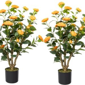 Artificial Camellia Tree, 3FT Faux Camellia Plant in Pot with Orange Flowers for Spring Home Front Door Outdoor Indoor Decoration