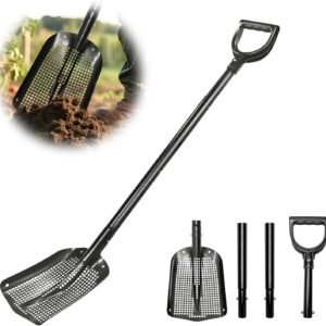 47.7" Metal Sifting Shovel, Adjustable Sand Sifter for Chicken Coop, Farm Goat Stall & Garden, Beach-Heavy Duty Durable Mesh Screen for Poop Cleaning Durable Sifter Shovel Ergonomic Grip Black