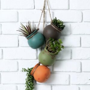 Dangling Southwest Desert Color Ceramic 4 Pot Set, Wall or Ceiling Mount Hanging Mini Flower Planters