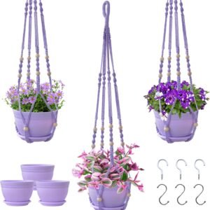 Macrame Plant Hanger with Pot, 3 Set Hanging Planters for Indoor Plants, Handmade Cotton Rope Boho Home Decor, Idea Gift for Anyone, Includes Plant Holders, Pots, Plates and Hooks (Purple)