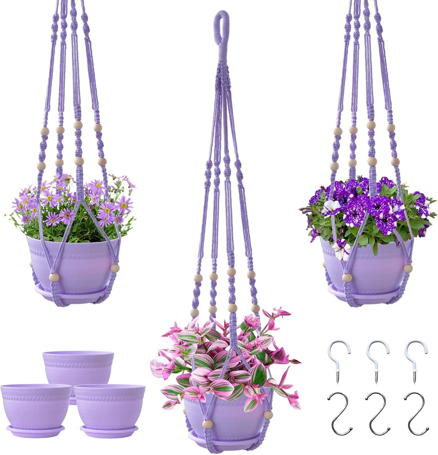 Macrame Plant Hanger with Pot, 3 Set Hanging Planters for Indoor Plants, Handmade Cotton Rope Boho Home Decor, Idea Gift for Anyone, Includes Plant Holders, Pots, Plates and Hooks (Purple)