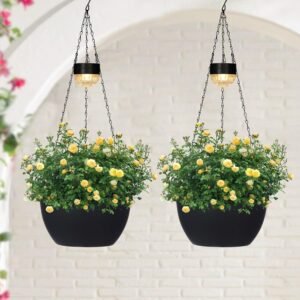 2 Packs Hanging Planters Basket for Outdoor Plants, Solar Powered Self Watering Black Round Plastic Flower Pots with Drainer for Balcony Patio Garden Outdoor Decoration