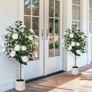 47 inch Artificial Camellia Tree with White Flower Pots -2 Pack White Fake Tree,4 Ft Faux Plants Indoor wich Blooming,Artificial Plants for Indoor & Outdoor Home Front Door Decor