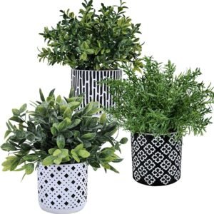 3-Pack Artificial Potted Plants - Faux Eucalyptus, Rosemary, Boxwood Greenery in Small Black & White Geometric Concrete Pots -Desk, Table, Shelf, Windowsill Decor for Indoor Outdoor Home Office
