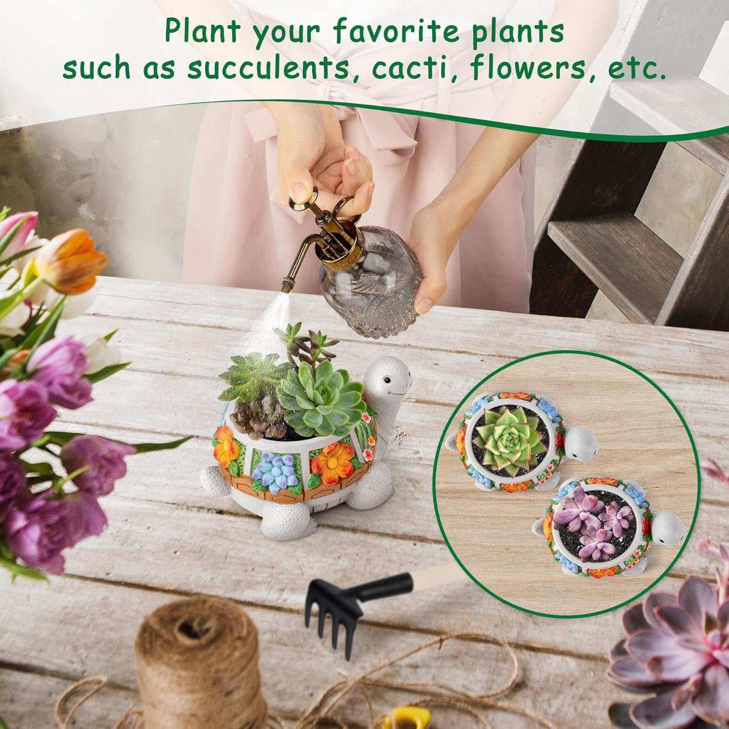 Succulent Plant Pots, Turtle Planter Flower Pots with Drainage Hole, Cute Planting Pots for Cactus, Succulent Planters for Indoor Plants Home Office Garden Flower Pot Gifts for Plants Lover - Image 2
