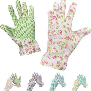 Women's Washable Floral Gardening Cotton Gloves - Non-Slip Dot and Drawstring Closure Design